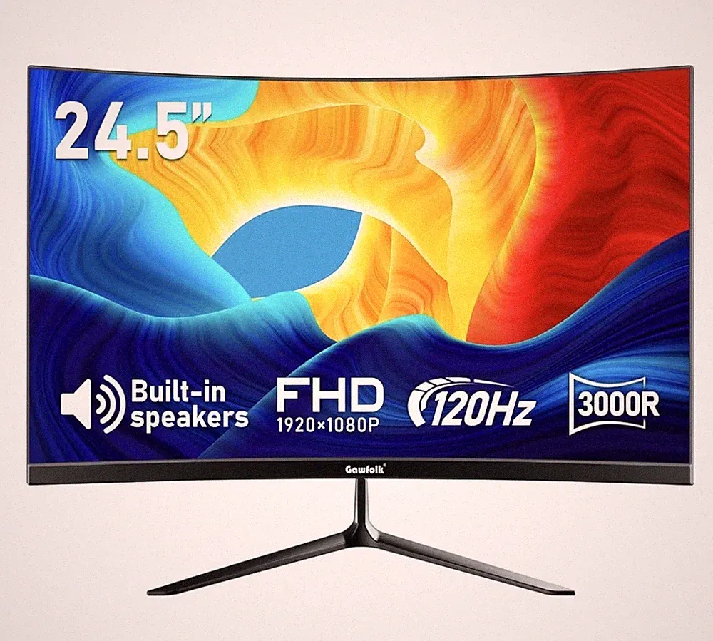 Gawfolk 24.5 inch Curved Monitor with built-in Speakers, 3000R 120Hz PC G