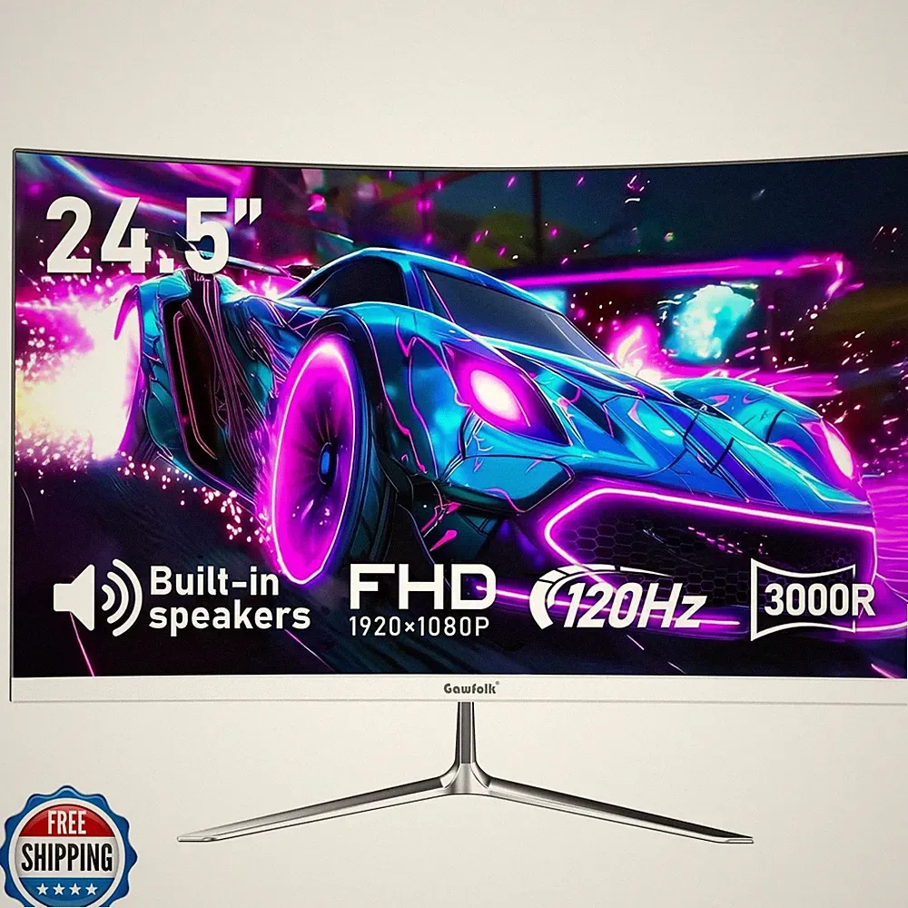 Gawfolk 24.5 Inch Gaming Curved Monitor Built-in Speakers, 3000R 120Hz White