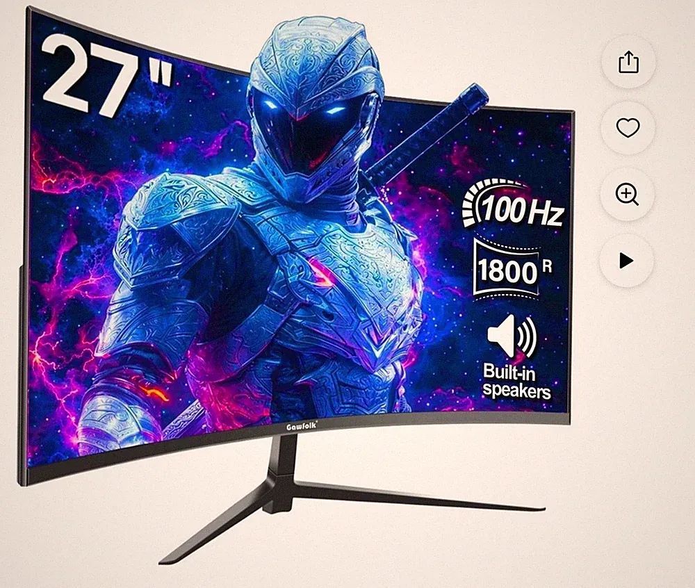 Gawfolk 27 inch Curved Monitor 100hz, PC White Computer Gaming Monitor FHD 1080P