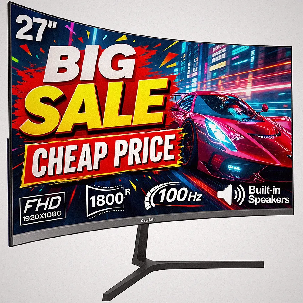 Gawfolk 27Inch Curved Gaming Monitor 100Hz, Full HD 1080P PC Screen, Borderless