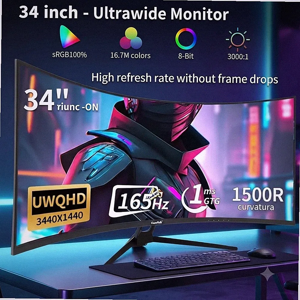 Gawfolk 34in Curved Ultrawide Gaming Monitor 3440x1440 165Hz 1ms Adaptive-Sync