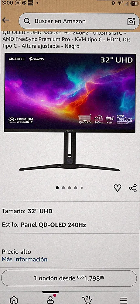 GIGABYTE AORUS FO32U2 32in UHD 3840x2160 OLED 240Hz FreeSync KVM
