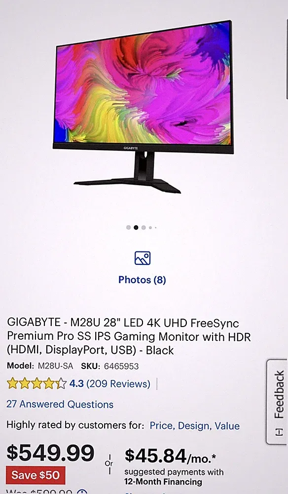 GIGABYTE M28U 28" 4K UHD IPS LED Gaming Monitor