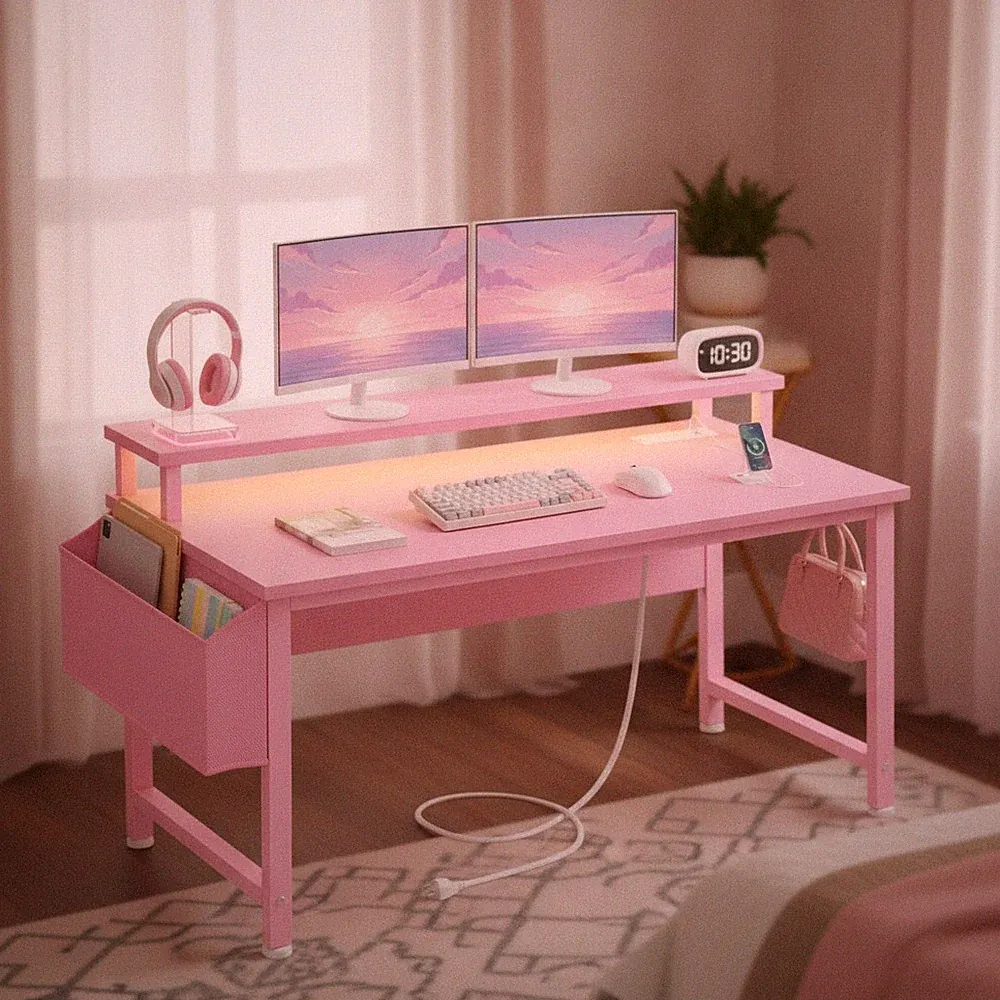 Girls Desk with Power Outlets and LED Lights, 40 Inch Gaming Desk Table with...
