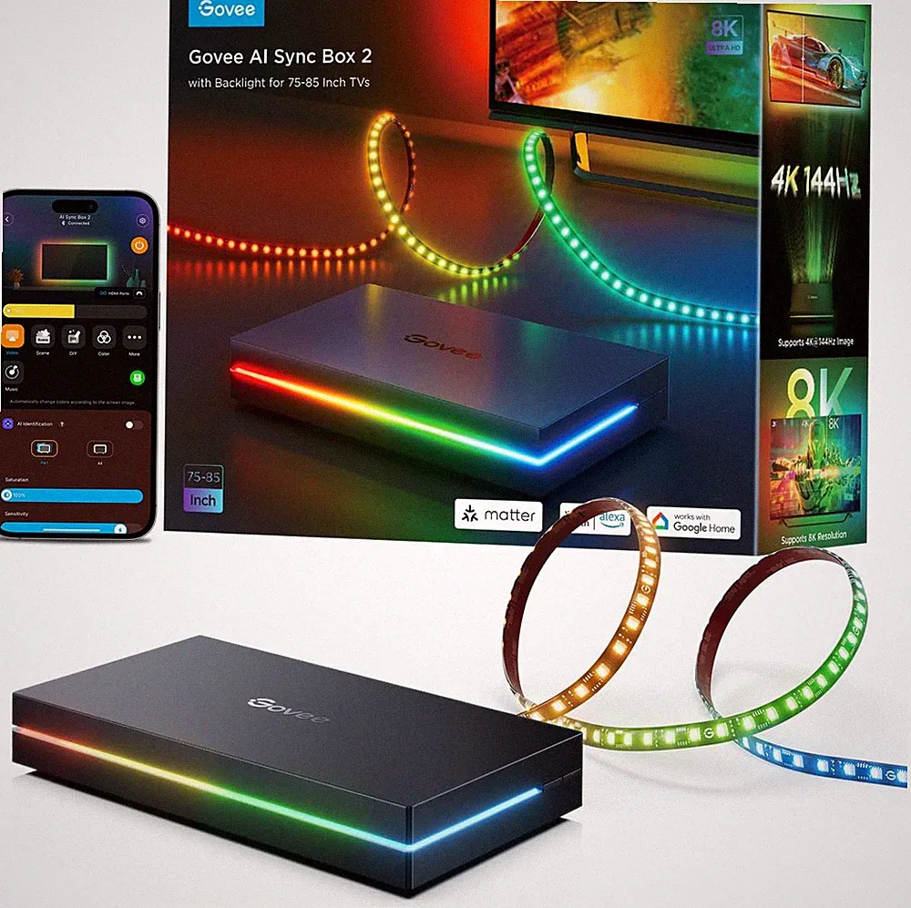 Govee HDMI 2.1 AI Sync Box 2, 8K/4K @144Hz, RGBWIC for 75-85 Inch Tvs | with TV