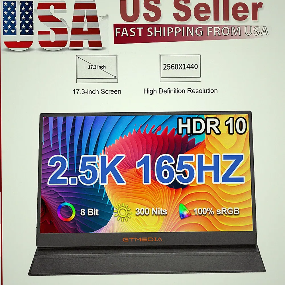 GTMEDIA 17.3" 165Hz Portable Monitor Gaming Display for PC Mac Laptop USB-C HDMI