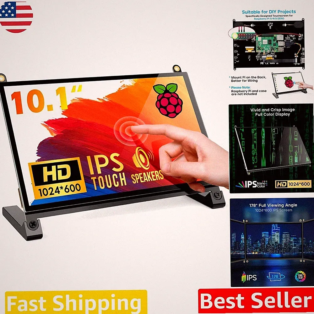 HD 10.1" Touchscreen Monitor 1024x600 IPS 5-Point Touch Raspberry Pi 5/4