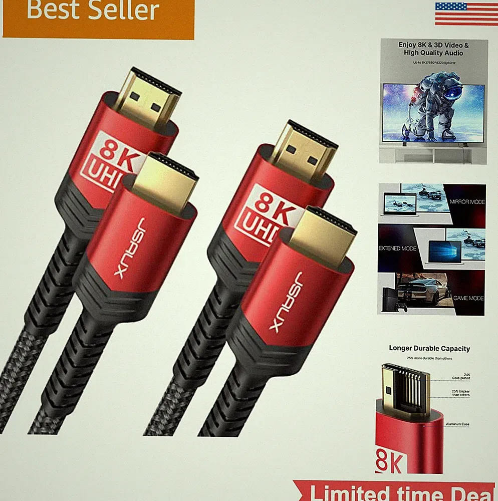 HDMI 2.1 Cable 2 Pack 10FT 48Gbps 8K 4K 120Hz Nylon Braided Gold Plated for PS5