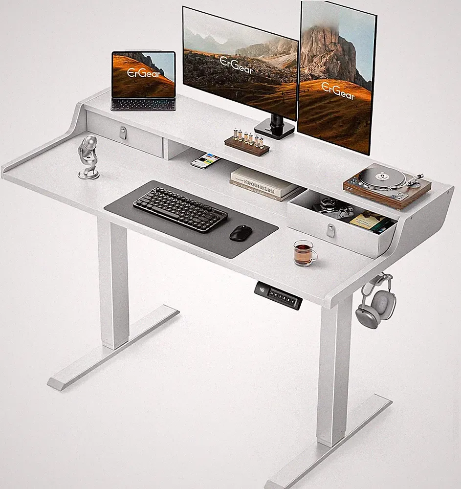 Height-Adjustable Electric Standing Desk with Drawers & Monitor Stand - White
