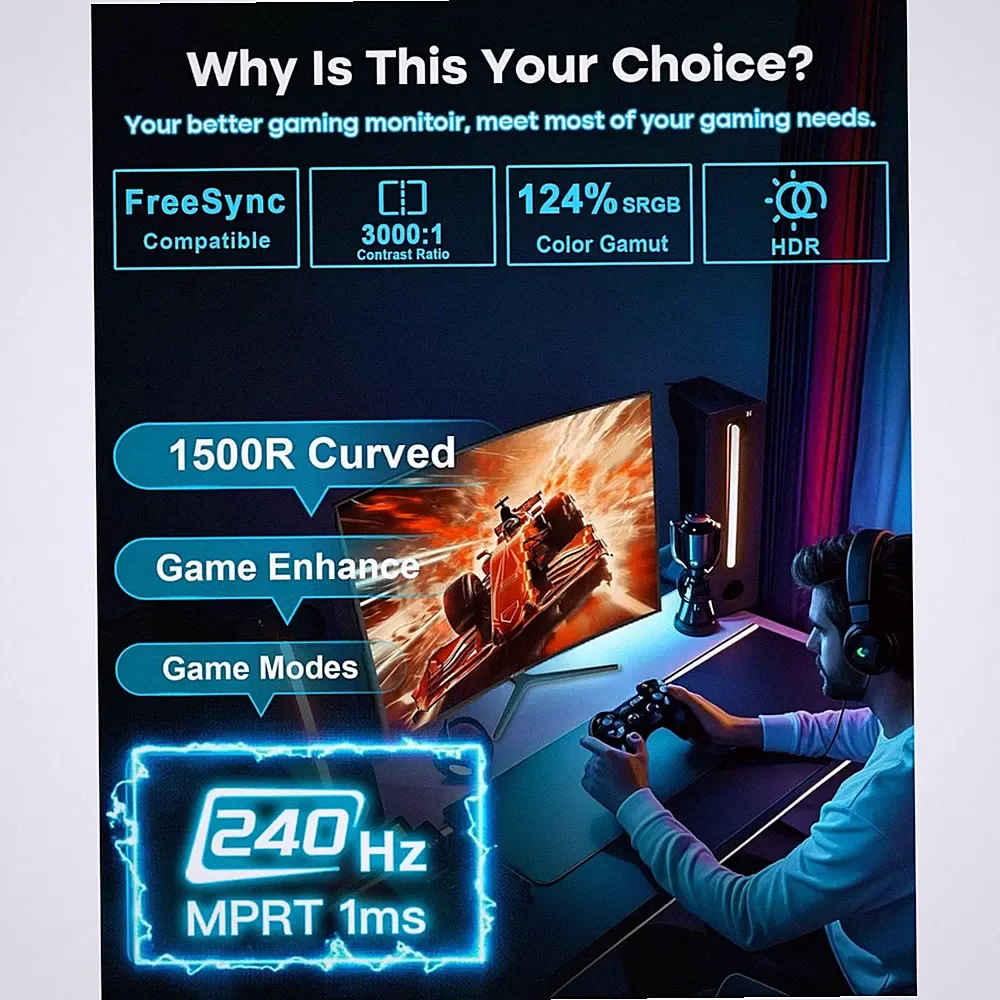 High-Performance 24" Curved Gaming Monitor, 3000:1 Contrast