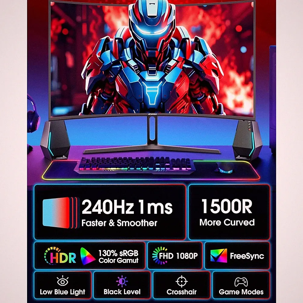 High Performance 27" Curved Gaming Monitor, 240Hz, 130% sRGB