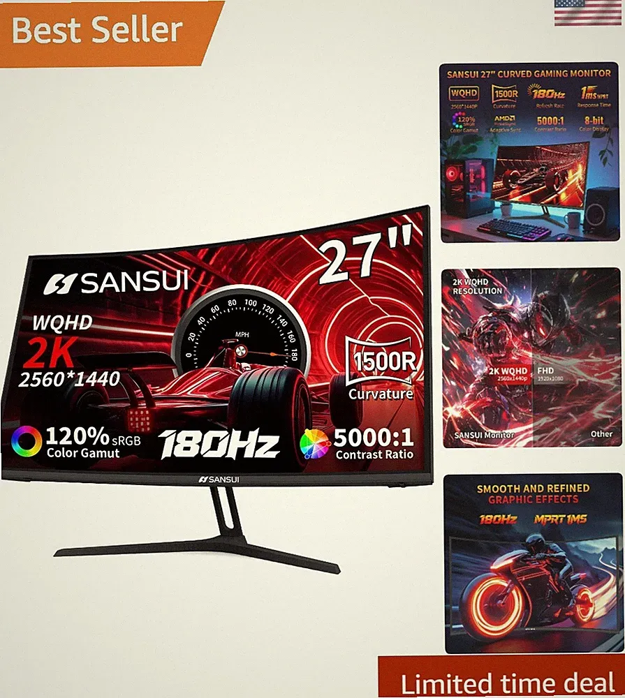 High-Performance 27" Curved Monitor, 2560x1440 Resolution, 180Hz Refresh Rate