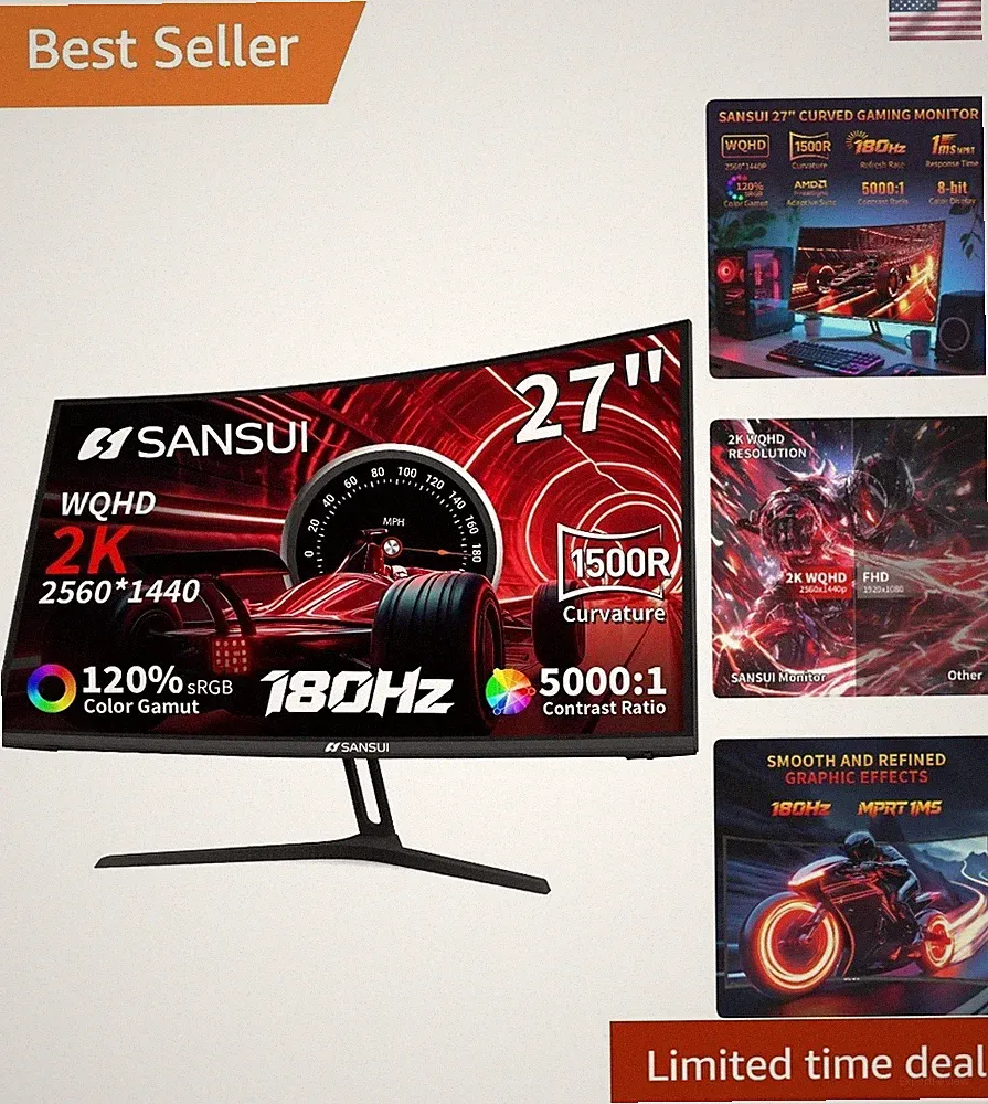 High-Performance 27" Curved Monitor, 2560x1440 Resolution, 180Hz Refresh Rate