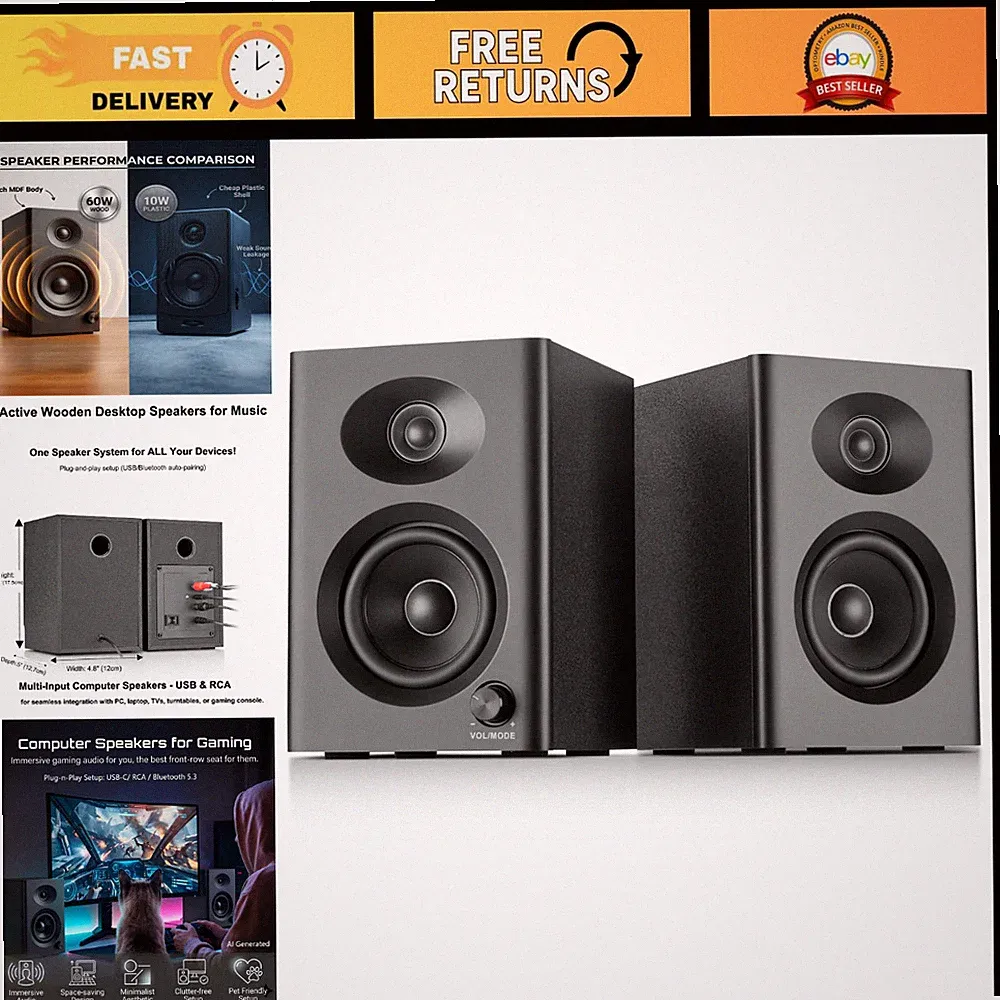 High-Quality Powered Desktop Computer Speakers for Music & Gaming - Black Pair