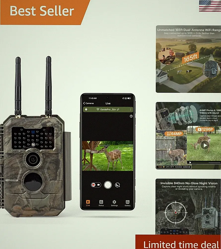 High-Resolution 64MP Game Camera with Dual Antennas & 165ft WiFi Range - Outdoor