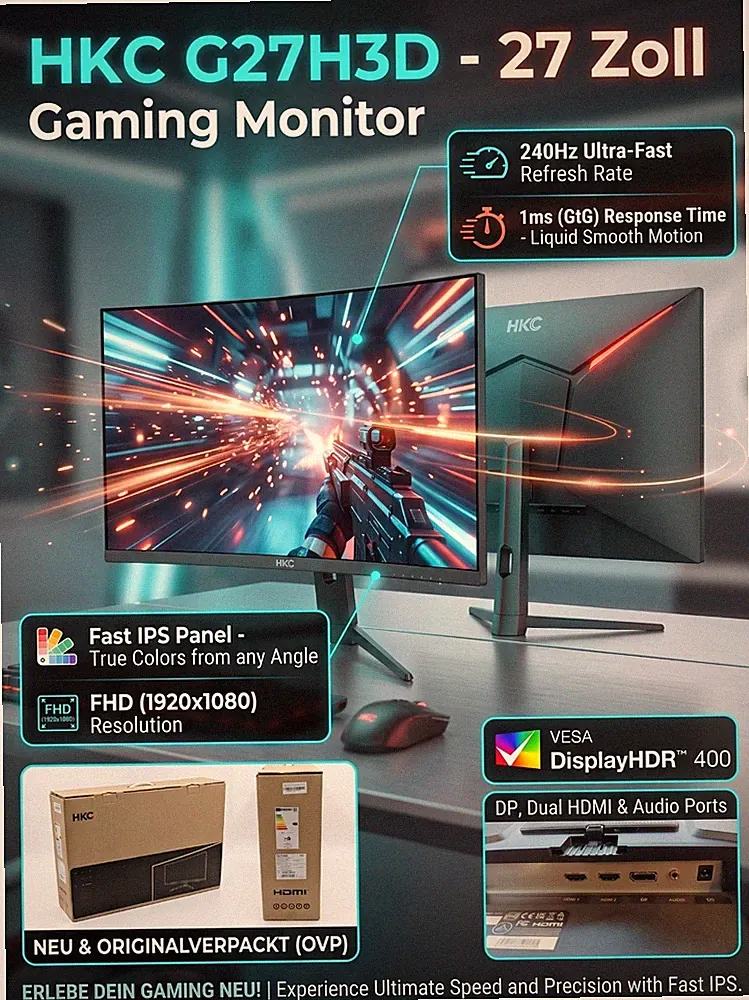 HKC G27H3D 27 inch Gaming Monitor 240Hz Fast IPS 1ms FHD HDR400 DP HDMI NEW Original Packaging