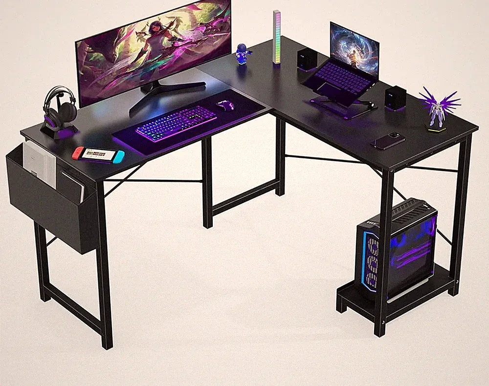 Home Office L Shape Corner Computer Desk Gaming PC Table with CPU Stand Side Bag
