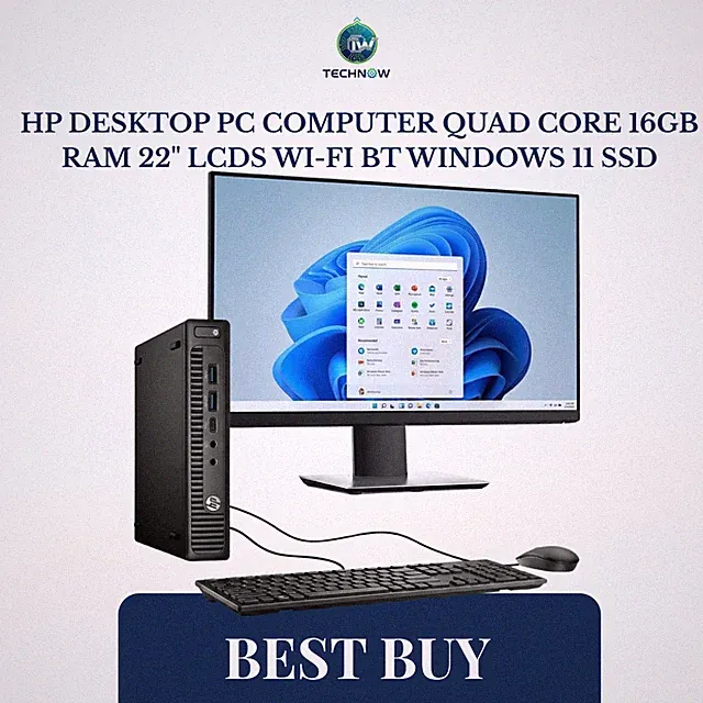 HP Desktop PC Computer Quad Core 16GB RAM 22" LCDs Wi-Fi BT Windows 11 SSD