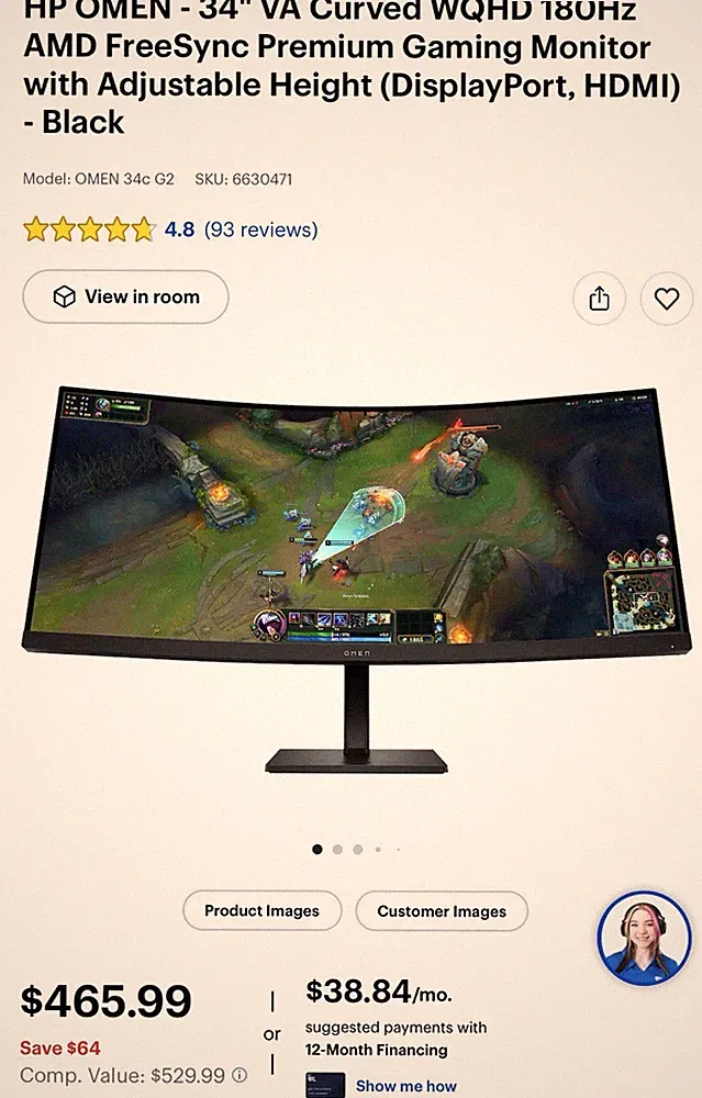 HP OMEN 34" Curved VA WQHD 180Hz Gaming Monitor FreeSync HDMI DP