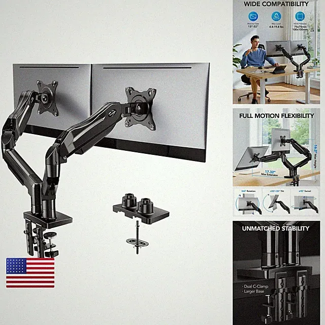 HUANUO HNDS6 FlowLift Dual Monitor Stand Desk Mount C-Clamp Grommet for 13-32"