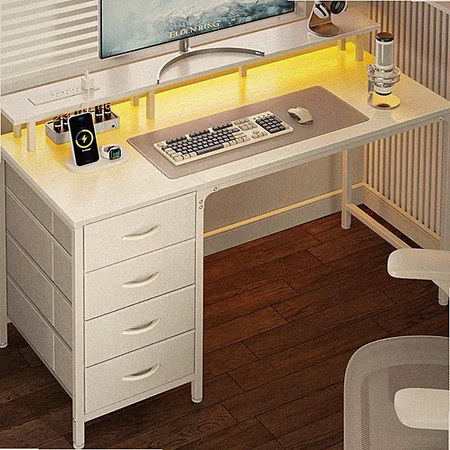 Huuger 47 Gaming Desk w/ LED, Outlets, 4 Drawers & Monitor Stand – Black