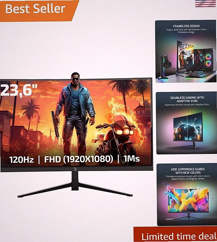 Immersive 23.6 Inch FHD Curved Monitor - 120Hz Refresh, 1ms Response, FreeSync