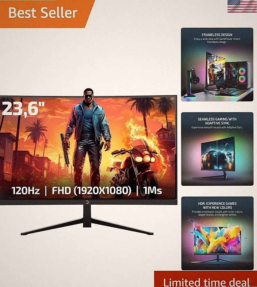 Immersive 23.6 Inch FHD Curved Monitor - 120Hz Refresh, 1ms Response, FreeSync
