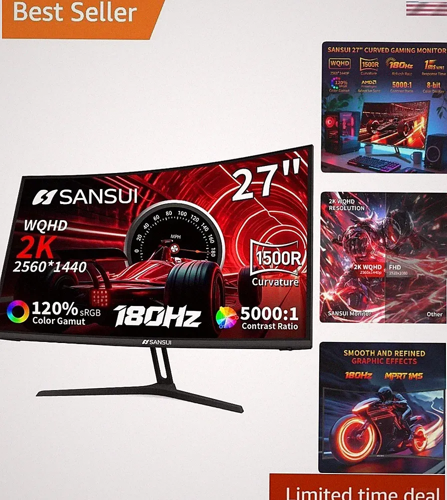 Immersive 27-Inch Curved Gaming Monitor - 2560x1440, 180Hz, Freesync Technology