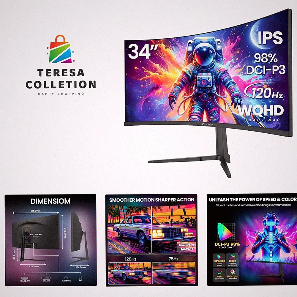 Immersive 34'' Curved Gaming Monitor - 3440x1440P 120Hz with Wall Mount Support