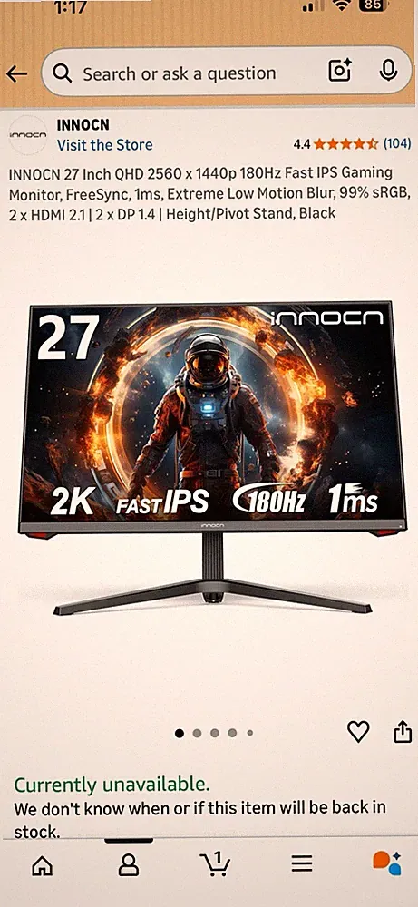 Innocn 27-inch 1440p 180hz Gaming Monitor with BROKEN SCREEN (For Parts Only)