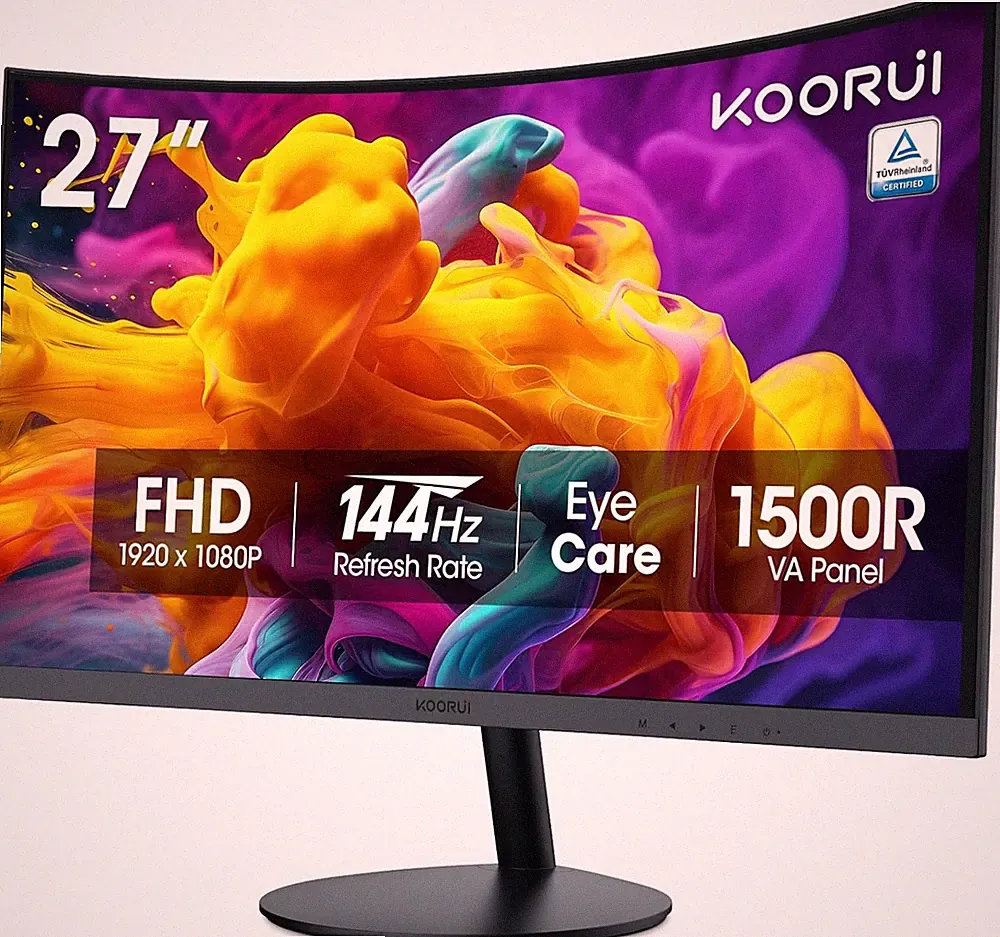 KOORUI 27 Inch Curved Monitor FHD 1080P 144Hz Gaming Office Computer Monitors, 1