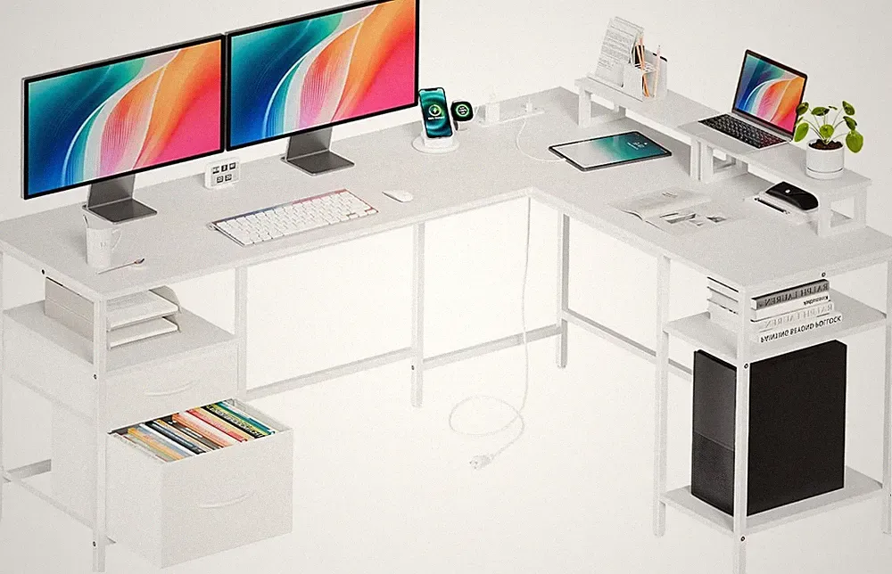 L-Shaped 62" Gaming Desk with Charging Station & Monitor Stands, White