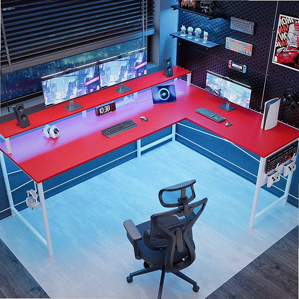 L-Shaped 64" Gaming Desk with LED Lights & Power Outlets - Red Corner PC Table