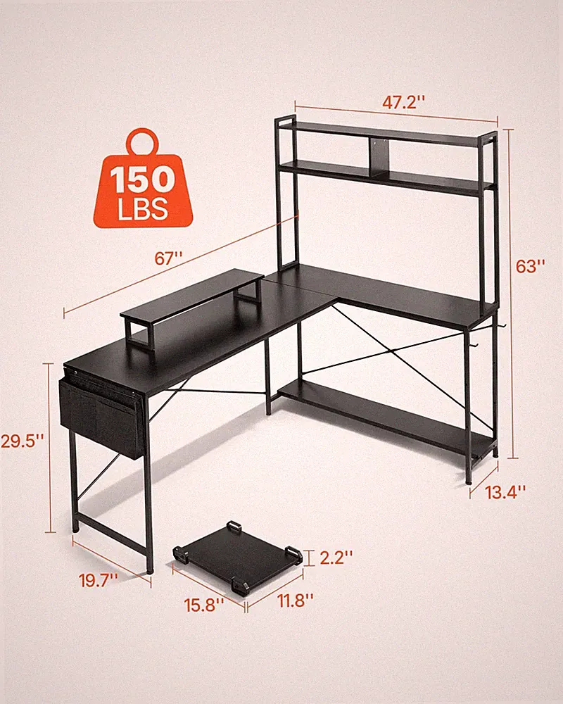L-Shaped Computer Desk, 67-inch Reversible Corner Gaming Desk with Monitor Stand