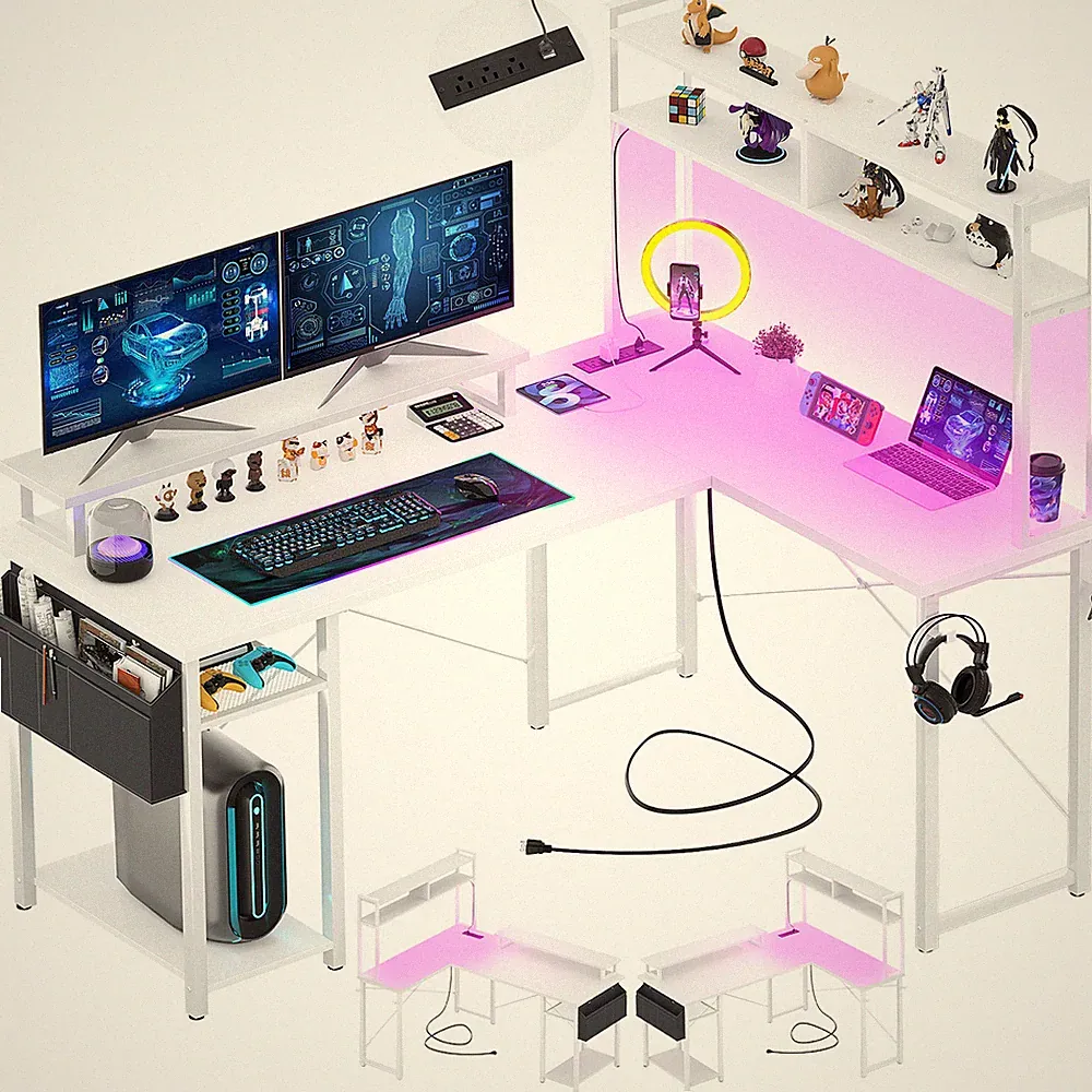 L-Shaped Computer Desk Home Office Desk Gaming Desk with Shelves ＆ LED ＆ Outlets
