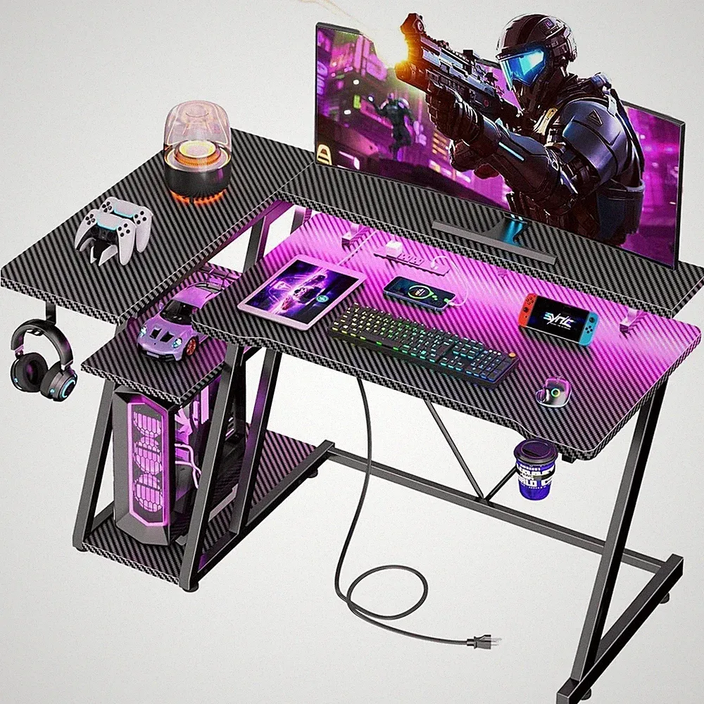 L Shaped Gaming Desk 40 Inch Computer Desk LED Lights Power Outlet