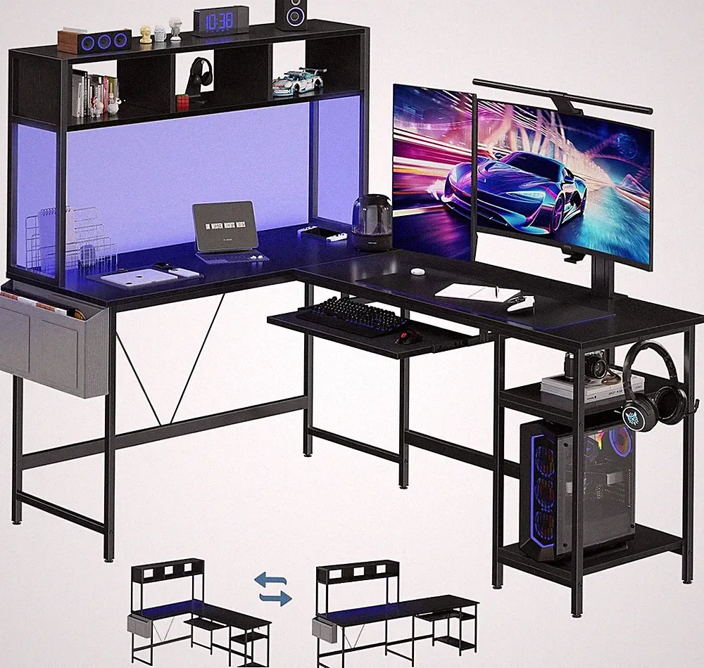 L Shaped Gaming Desk 67" Reversible Computer Desks with Led Lights Corner Table