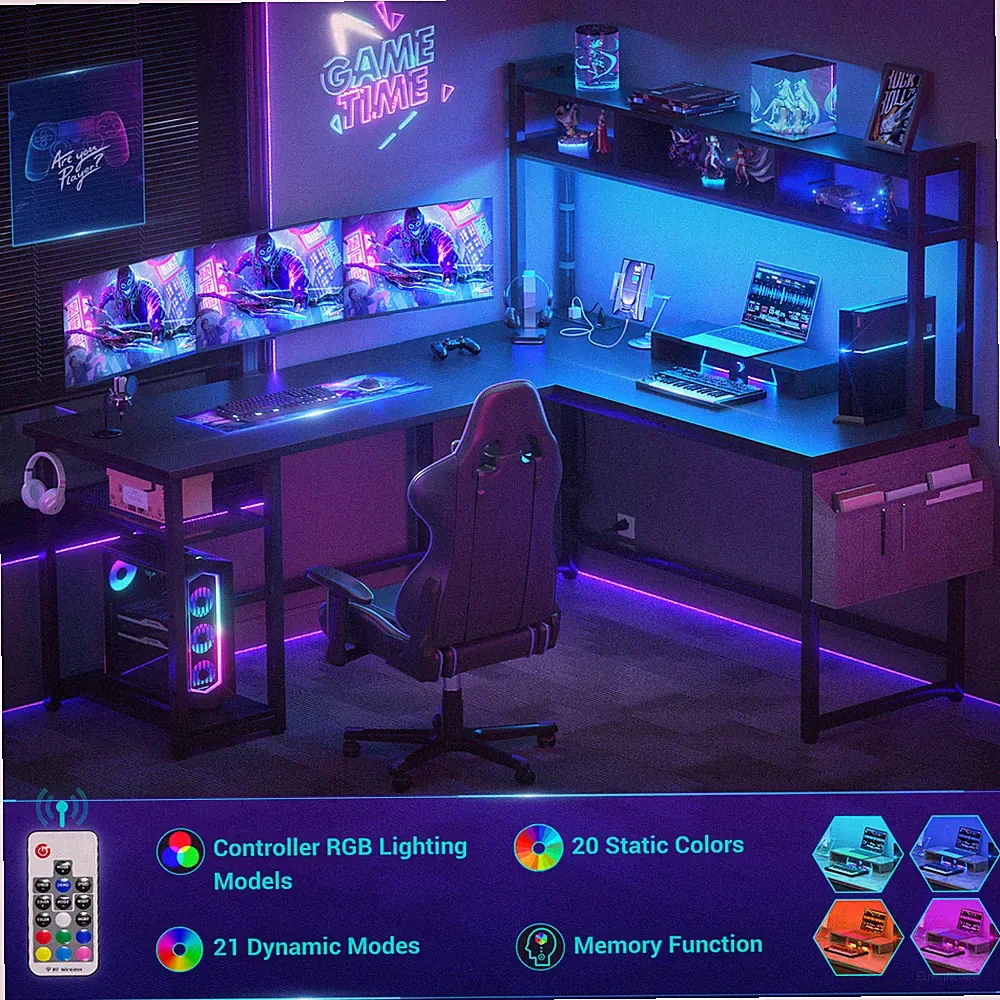 L Shaped Gaming Desk Reversible Computer Desk with Power Outlet and LED Lights
