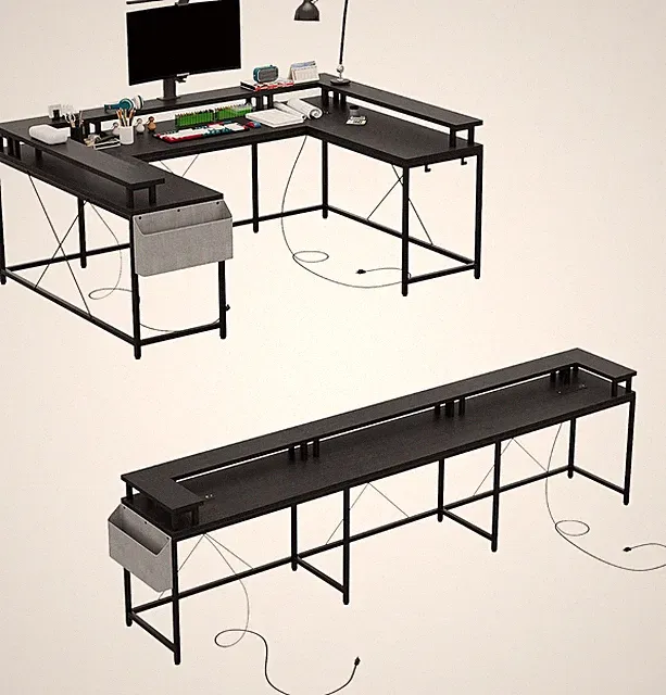 L-Shaped Gaming Desk W/ Power Strip, LED &Monitor Rack, Large Corner Workstation