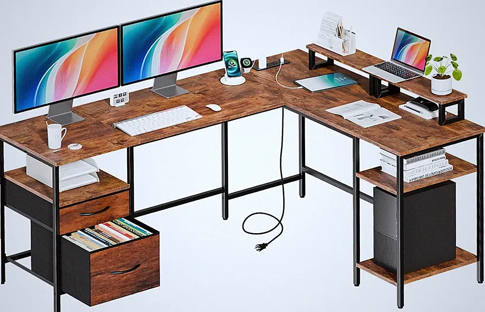 L Shaped Gaming Desk with Charging Station & 2 Monitor Stands, Computer Desk wit