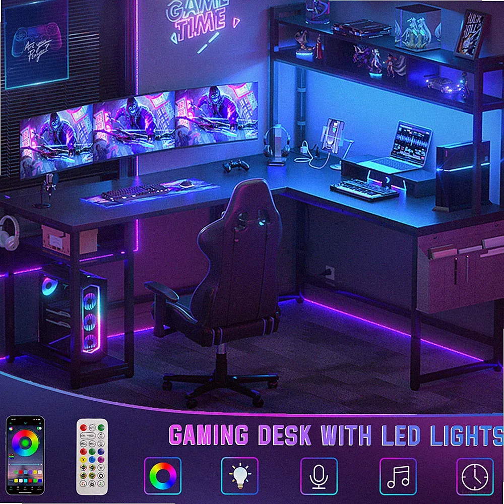 L Shaped Gaming Desk with Charging Station & LED Lights Reversible Computer Desk