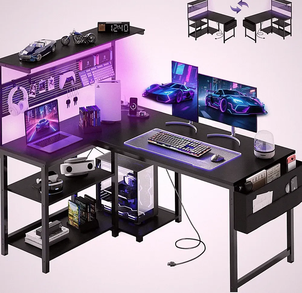 L-Shaped Gaming Desk with LED Light & Power Outlet, 47" Black Home Office Desk
