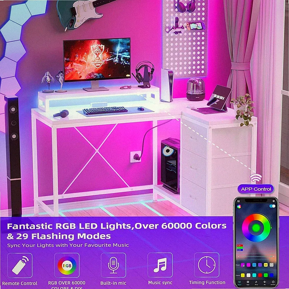 L Shaped Gaming Desk with LED Lights&Monitor Stand Computer Desk for Home Office