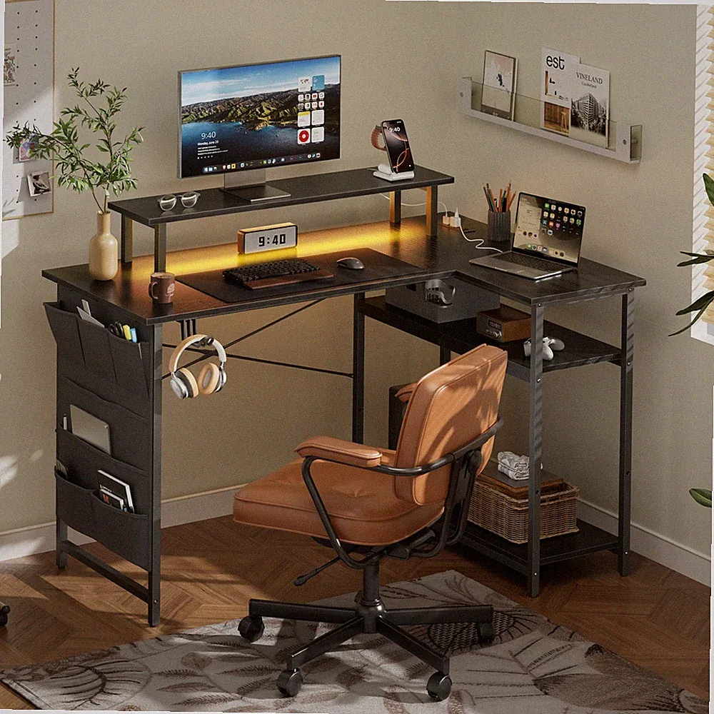 L Shaped Gaming Desk with LED & Power Outlets, Corner Desk with Monitor Stand