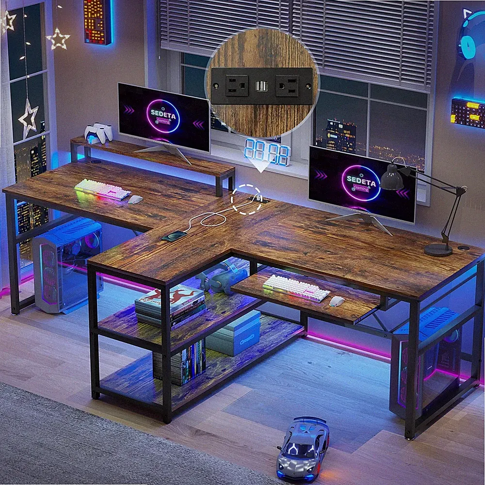 Large Work Table Home Office Computer Desk Two Person Gaming Desk with LED Light
