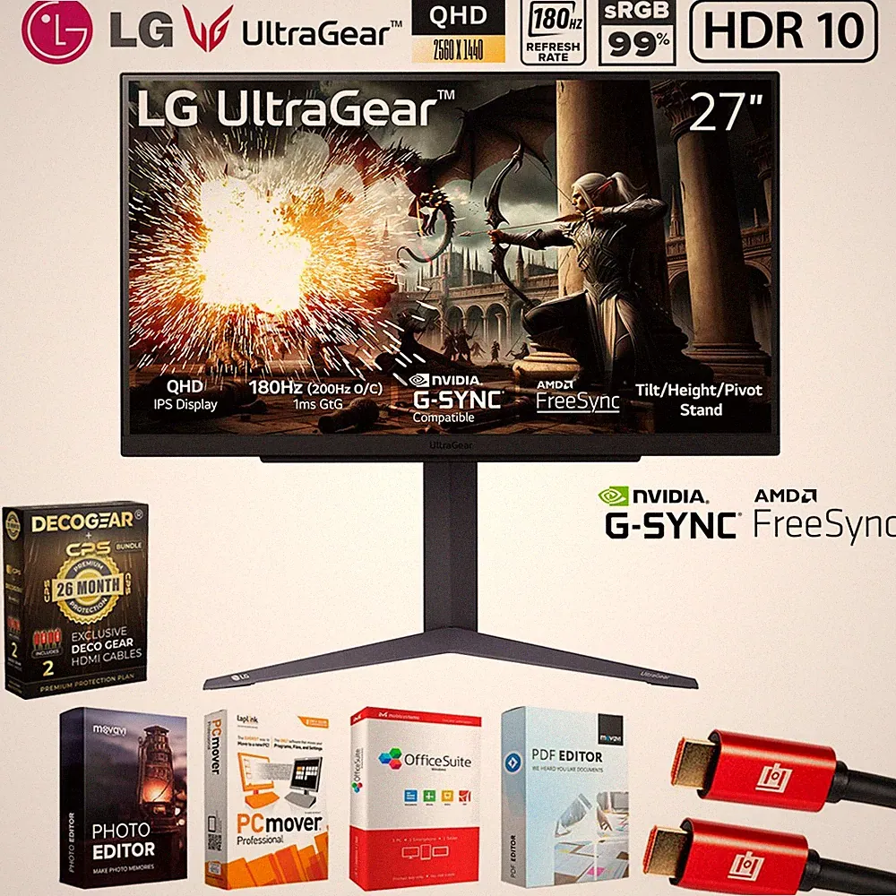 LG 27" UltraGear QHD 180Hz 1ms IPS Gaming Monitor + 26 Months Protection Bundle