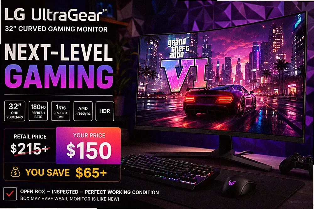LG 32" UltraGear QHD 2K AMD FreeSync Curved Gaming Monitor, 180Hz, 1ms, Black