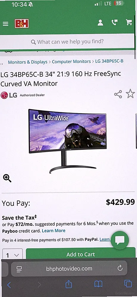 LG 34BP65C-B 34" 21:9 160Hz FreeSync Curved VA UltraWide Gaming Monitor