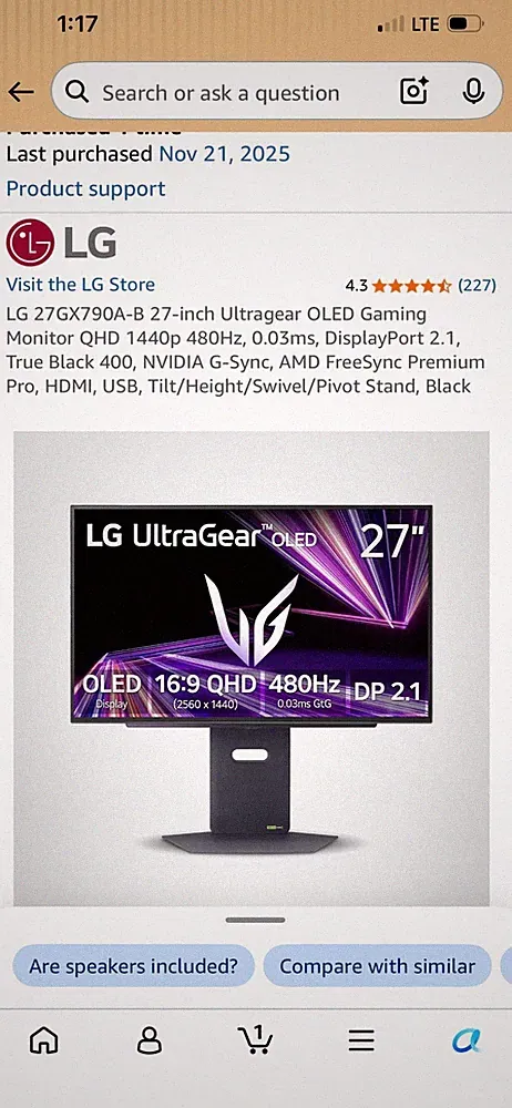 LG UltraGear 27GX790A-B 27" OLED QHD 480Hz Gaming Monitor G-Sync Black