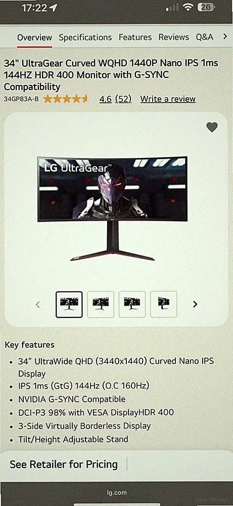 LG Ultragear 34" QHD 3440x1440 21:9 Curved 160Hz Gaming Monitor